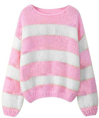 FeMereina Pull rayé en tricot surdimensionné pour femme - Horloge colorée - Manches longues - Col rond - Pull mignon et tendance