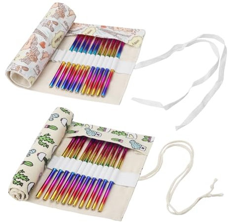 APOMOONS 2 Stück Leinwand Stifterolle, 36 Löcher Leinwand Auf Rolle, Federmäppchen Stifterolle Roll, Waschbar Rollmäppchen Kaktus, Pylon Cartoon-Muster für Aquarellstifte und Buntstifte (46x20CM)