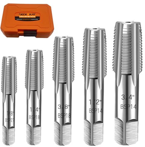 Lot de 5 tarauds BSP en acier au carbone de précision pour un filetage précis de 1,9 cm, 1,27 cm, 0,9 cm, 1/4 po, 1/8 po, parfait pour les plombiers, les mécaniciens, les bricoleurs, avec étui en