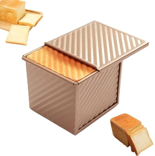 Moule à Pain avec Couvercle, 14x12,2x11,2cm Rectangulaire Moule a Brioche avec Trous D'aération, Moule à Pâtisserie, Poêle à pain à Porte Coulissante, pour Toast, Sandwichs, Gâteau, Or