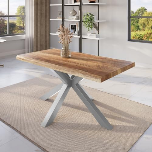 trelevo Esszimmertisch 160x85 cm, Mangoholz massiv, Tischplatte Natur/rau, echte Baumkante, Spider Gestell Silber, Baumkantentisch