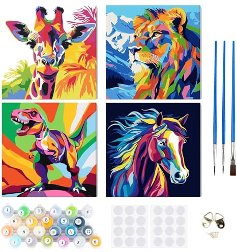 RICUVED 4Pcs Malen nach Zahlen Erwachsene Kinder, Malen nach Zahlen Tiere DIY Handgemalt Ölgemälde Kit Paint by Numbers Adult mit Rahmen 3 - Pinseln und Acrylfarbe Kit 20x20cm