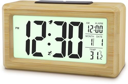 Ayybboo Sveglia da Comodino,Sveglia Digitale in Legno con Display Luminoso, Sensore Luce Automatico, Data e Temperatura,Orologio Digitale da Tavolo (Batterie Non Incluse) (bambù)