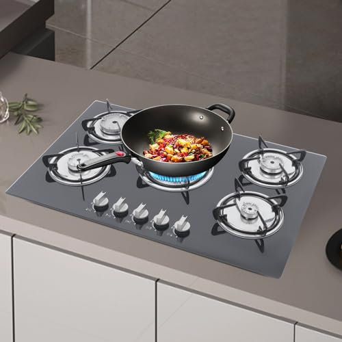 Plaque de cuisson à gaz à 5 feux - En verre - Avec arrêt automatique et couvercle de feu - Pour camping, camping-car, cuisine - 77 x 51 x 7 cm