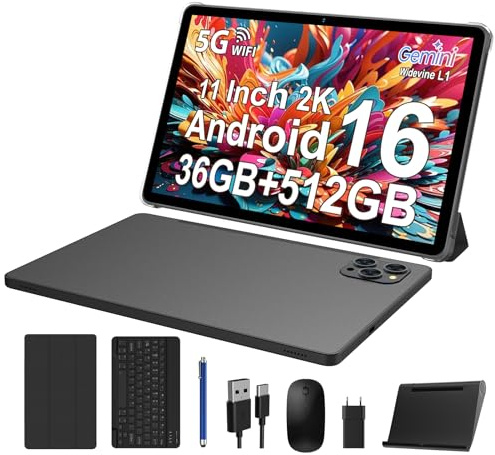 FASTWD Android 16 Tableta 11 Pulgadas,5G WiFi,Tableta para Juegos Octa-Core,36 GB RAM + 512 GB ROM (1 TB TF),2K incell 120Hz,8000 mAh,13 MP + 8 MP,Tablet con Teclado,Negro