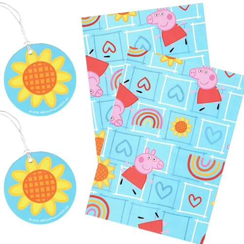 Birthday Wrapping Paper Set 2 Sheets of 50cm x 70cm Easy Cut Sheets and 2 Matching Gift Tags - (Peppa Pig)