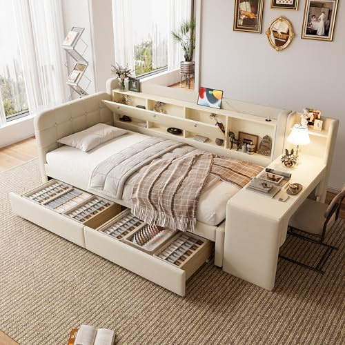Daybett,90*200cm(180 x 200 cm),Schlafsofa,multifunktionales Ausziehbett-Design,USB+TypC,mehrere Ablageflächen, Bett mit Lattenrost(ohne Matratze), Leinen (beige mit 2 Schubladen, Schreibtisch)