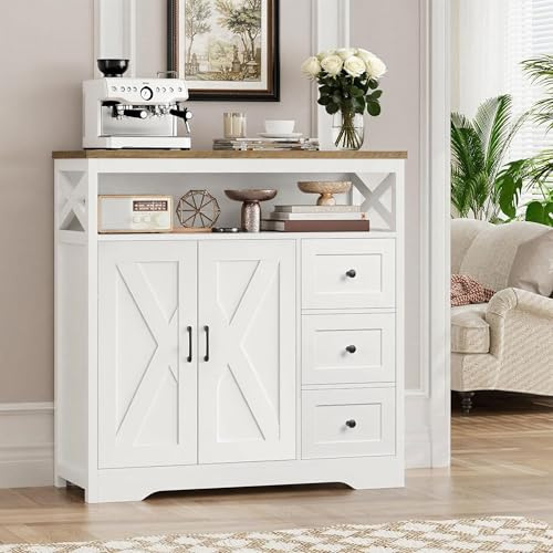 Küchenschrank Weiß, Sideboard Buffet Mit Mit 2 Türen Und 3 Schubladen, Verstellbares Regal Und Offene Regal, Modern Buffetschrank Beistellschrank Kommode Schrank Für Küche Esszimmer Wohnzimmer Flur