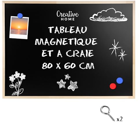 Creative Home Magnettafel Schwarz Kreidetafel Magnetisch 80 × 60 cm (+-2 cm) | Tafel mit Kiefernholzrahmen | Schreibtafel Für Zuhause, Büro, Schule | Hergestellt in der EU | 2 Haken zum Aufhängen