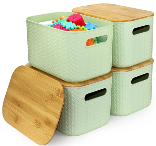 HFZCV 4 Stück Aufbewahrungsbox mit Bambus Deckel, Kunststoff Korb Aufbewahrung, Kleine Aufbewahrungsbox mit Griffen für Küche Schlafzimmer, 24 x 17 x 16cm (Grün)