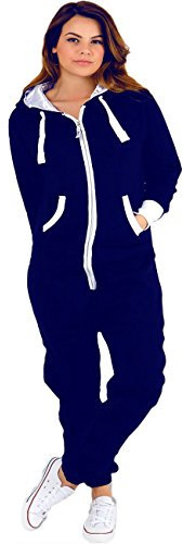 Parsa Fashions ® Womens Plain Zipper Onesie Ladies Onepiece All in One Hooded Zip Up Overall Jumpsuit Playsuit S-XL 8-16 (M, Navy)