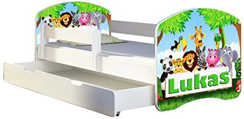 Kinderbett Jugendbett mit einer Schublade und Matratze Weiß ACMA II 140 160 180 40 Design (180x80 cm + Bettkasten, 01 Zoo Name)