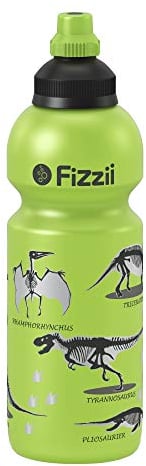 Fizzii Kinder- und Freizeittrinkflasche 600 ml (auslaufsicher bei Kohlensäure, schadstofffrei, spülmaschinenfest, Motiv: Dino Lime)