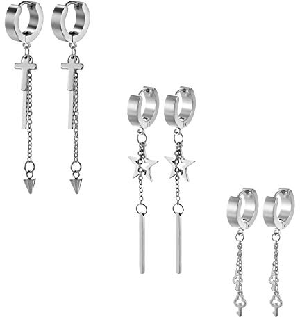 Aroncent 3 Paar Damen Ohrringe Set Edelstahl Creolen mit Kreuz, Stern, Schlüssel und Kette Ohrhänger Huggie Ohr Piercing Silber