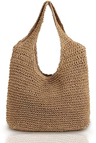 QTKJ handgewebte weiche große Stroh Umhängetasche Boho Stroh Griff Tote Retro Sommer Strandtasche Rattan Handtasche (Khaki)