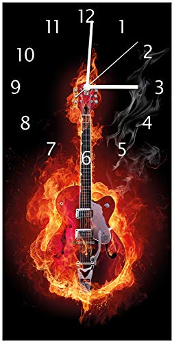 Wallario Design-Wanduhr Brennende Gitarre aus Glas, Motiv-Uhr Größe 30 x 60 cm, weiße Zeiger