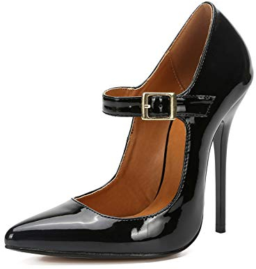 MAIERNISI JESSI Unisex-Pumps mit spitzem Zehenbereich, Stiletto, hoher Absatz, Schnalle, Lackschwarz, 11 Women/9.5 Men