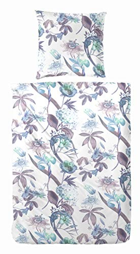 Primera Satin Bettwäsche 155x220 Blumen Blätter Gräser Petrol aubergine 243203-36