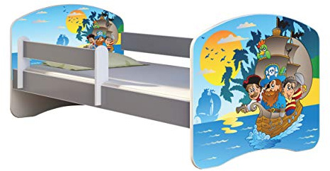 ACMA Kinderbett Jugendbett mit Einer Schublade und Matratze Grau mit Rausfallschutz Lattenrost II (21 Piraten, 160x80)