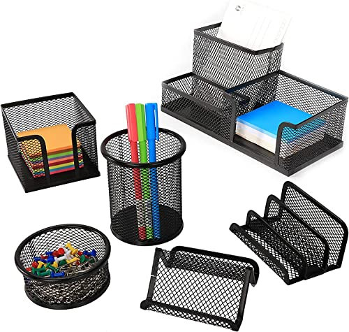 HMXLJJY Pen Holder for Desk, Mesh Desk Accessories Set 3 Compartments Pen holder,Pencil Holder,Mail Organizer Letter Holder Home Office Supplies Caddy for Desktop(Black Metal)