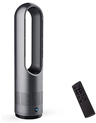 Ventilador calefactor torre sin aspas, purificador aire 10 velocidades, refrigerador multiplicador aire para dormitorio, control remoto de 6 m, sensación de viento de 8 velocidades y temporizador 8h