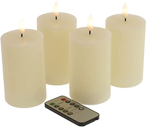 Fachhandel Plus LED Kerzen mit Timer – Stumpenkerzen aus Echtwachs mit 3D Flamme & Fernbedienung – LED Echtwachskerzen in verschiedenen Farben & Größen – Ø 6,5/7,5 cm (Creme, 10 x 6,5 cm)