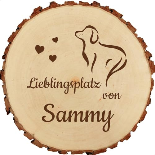 Baumscheibe 18cm mit Gravur (Namen und Datum) personalisierte Holz-Scheibe Lieblingsplatz Dekoration Hunde-Freunde, Namens-Schilder, Accessoires für Hundekorb Hundehütte, Geschenke-Idee, MotivT4