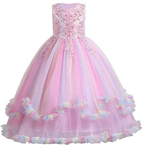 Blumenmädchenkleider Kinder Mädchen Lang Ballkleid Blumenstickerei Prinzessin Kleid Tüllkleid Festliche Hochzeit Kommunionkleid Erstkommunion Geburtstag Party Abendkleid Regenbogen Rosa 6-7 Jahre