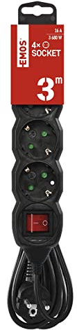 EMOS - 4-Fach Steckdosenleiste 3m - mit Schalter - 4 Schuko-Steckdosen 45° gedreht - 250 V, 16 A, 3680 W - PVC-Isolierung - H05VV-F3G 1,5 mm2 - erhöhter Berührungsschutz - IP20 für Innen - schwarz