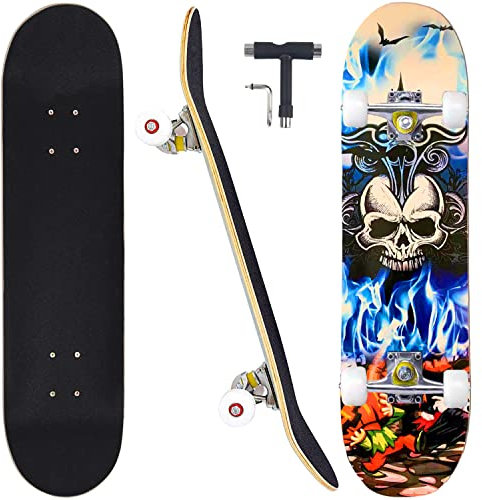 CAPARK Skateboards für Anfänger, Erwachsene, Jugendliche, Kinder, Mädchen, Jungen, 79,9 cm, Pro Complete Skate Boards 7 Layer Canadian Maple Double Kick Concave Longboards (Totenkopf)