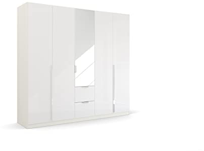 Rauch Möbel Glamour by Quadra Spin Schrank Drehtürenschrank, Hochglanz Weiß / Weiß, 5-trg. mit Spiegel, inkl. 3 Kleiderstangen, 3 Einlegeböden, 2 Schubkästen, BxHxT 226x210x54 cm