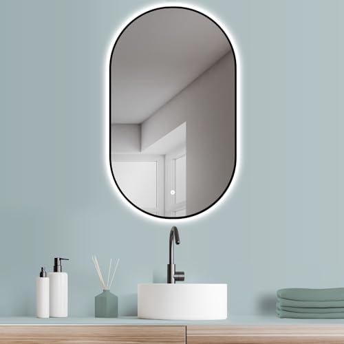 HOKO Design LED Lichtspiegel oval 50x90 cm / 90x50 cm Palermo mit Metall Rahmen Schwarz. HOCH+QUER Montage. Bad Wandspiegel LED beleuchtet, Touch Schalter+Licht Wechsel-Warmweiß-Kaltweiß-Neutral