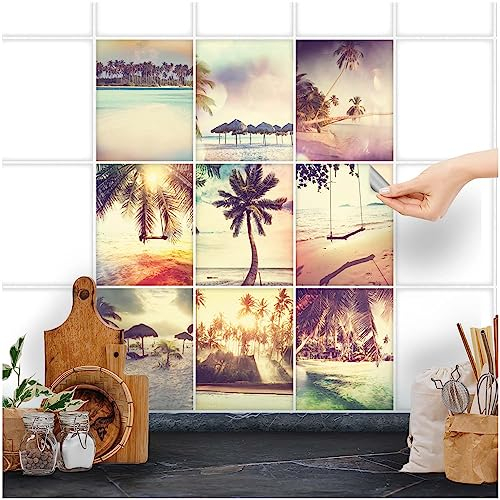 FoLIESEN Fliesenaufkleber für Bad, Küche, Badezimmer - Fliesen-Folie selbstklebend - Maritime Deko-Aufkleber - Beach-Collage, .:20x25 cm - 9-tlg.