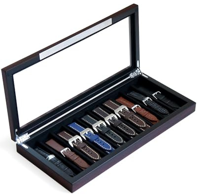 Bonaking Uhrenarmband-Etui, Uhrenarmband-Organizer mit 10 Fächern, Holz-Uhrenarmbandhalter für Herren, Geschenk, Aufbewahrung für Uhrenarmbänder mit Ebenholz-Finish und Glasfenster oben