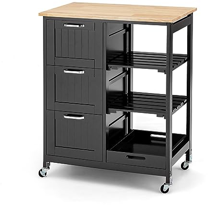 TANGZON Kitchen Storage Trolley on Wheels, Rolling Kitchen Island with Rubber Wood Worktop, Removable Tray, 2 Shelves & 3 Drawers, Utility Serving Cart for Home Dining Room Bar (Black Body)
