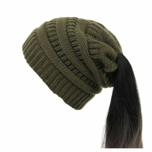 SHTGOI Pferdeschwanz Mütze Wolle Strickmütze Weiche Stretch Wintermütze mit Loop Zöpfen Loch Slouch Beanie Mütze Grobstrick Häkelmütze Warme Hut für Damen und Mädchen mit Langen Haaren Olivgrün