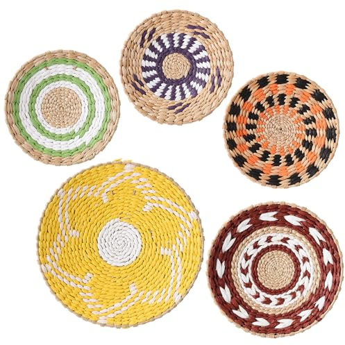 LKPOMI 5er-Set Wandkorb-Dekor, Handgefertigt, Boho-Kunst, Flach Gewebter Korb, Wanddekoration, Runder Gras-Hängewandkorb für Wohnzimmer, Schlafzimmer, 20,1–30 cm(Mehrfarben)