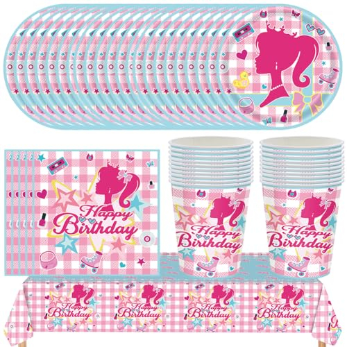 NTEVXZ 61Pcs Vajilla de Fiesta de Barbi, Plato, Taza, Servilleta, Mantel, Barbi Vajilla para Fiesta de Cumpleaños, Barbi Tema Decoración Fiesta, 10 Invitados