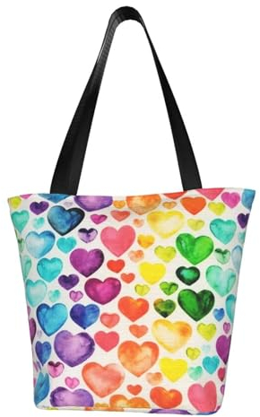 AABSTBFM Große Tragetasche mit Yorkie-Blumenmuster für Damen und Mädchen, vielseitige Umhängetasche, Shopper Handtasche und Strandtasche, Regenbogen-Herzen, Einheitsgröße, OSIN6N81P