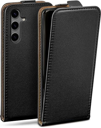 moex Flip Case für Samsung Galaxy S24 Hülle klappbar mit 360 Grad Schutz, Handyhülle mit Displayschutz, PU Leder Handytasche Lederhülle, Flip Case Cover Klapphülle, Schwarz