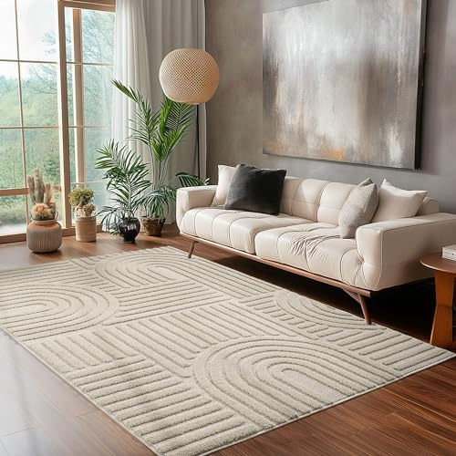 Carpettex Kurzflor Hochtief Teppich 140 x 200 cm Beige - Skandi-Look 3D Effekt Boho Muster Waschbar Flauschig für Wohnzimmer, Schlafzimmer, Esszimmer und Küche