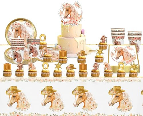 86 Stück Pferd Partygeschirr Set, Pferde Geburtstag Partygeschirr Set, Pferde Geburtstagsdeko, Pferde Party Supplies gehören Teller Papiertuch,Tischdecken,Becher,Kuchendekorations für 20 Gäste