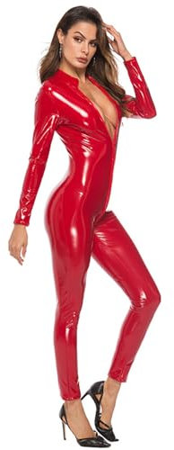 Generisch Rot,S, Damen Sexy Spiegel PU-Leder Catsuit Freizeit Reißverschluss Lange Ärmel Eng Overall Nachtclub DS Rollenspiel Bühne Kleidung
