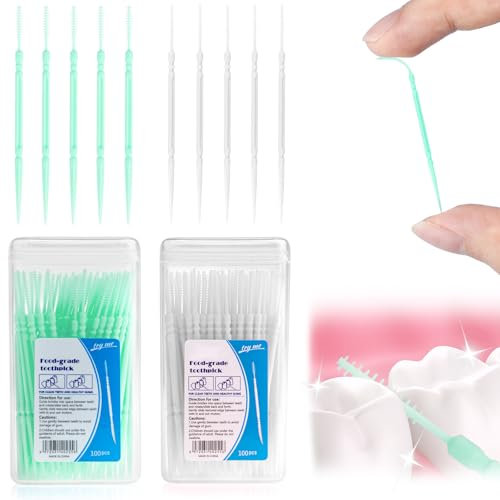 WOHSEROM 200 Pcs Dual-Use Interdental Brushes, Dental Brushes Tooth Floss Brush 2 Box Floss Sticks Dental Brushes Teeth Cleaning Tools for Braces Oral Cleaning (White+Green)