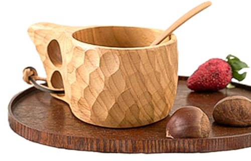 Taza Kuksa de Madera de 200 ml, Taza de Madera con Correa de Cuero | Taza de campamento nórdico para café, té y leche: taza portátil perfecta para aventuras al aire libre