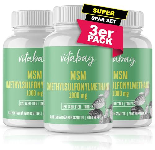 Vitabay MSM Tabletten Hochdosiert - 360 MSM Tabletten Hochdosiert Vegan 3er Set- Pulver 2000 pro Tagesdosis - Schwefel Gelenkskapseln - Pflanzliche Kapseln 2000