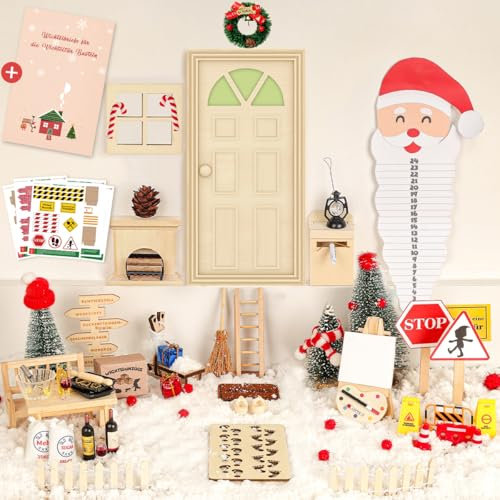Set completo di 75 accessori per gnomo con lettere di Natale, porta del gnomo, illuminato, miniatura, gnomo, camino, cavalletto, porta delle fate, per aprire, calendario dell'Avvento fai da te