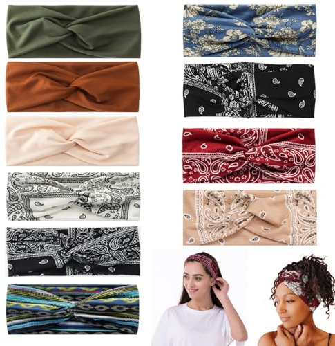 GOTRUST 10pcs Haarbänder Damen Sommer, Stirnband Sommer Boho, Kopftücher Elastische Yoga, Breite Haarschmuck Sport, Vintage Criss Cross Haarband für Schule Fitness Freizeit
