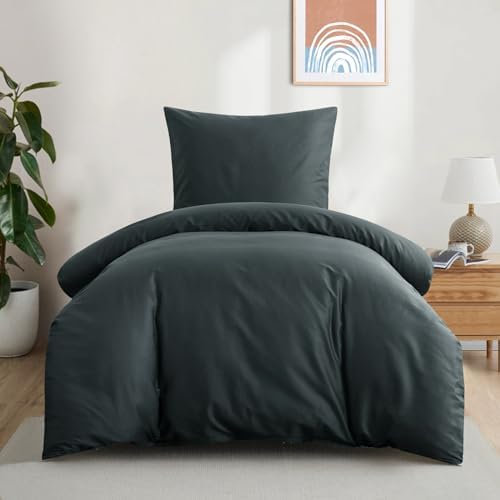 Aisbo Bettwäsche 135x200 Baumwolle Grau - Bettwäsche-Sets Bettbezug 135x200 mit Kissenbezug 80x80 cm, Baumwollbettwäsche Set, Oeko-TEX Bettwäsche Anthrazit mit Reißverschluss
