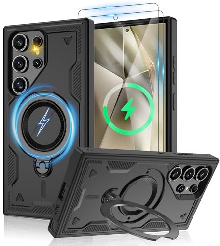 Jshru Samsung Galaxy S24 Ultra Hülle Kompatibel mit Magsafe Handyhülle, mit 2Stk HD-Schutzfolie Magnetische Schutzhülle, 360° Drehbare Ringhalter Stoßfeste Case für Samsung S24 Ultra,Schwarz
